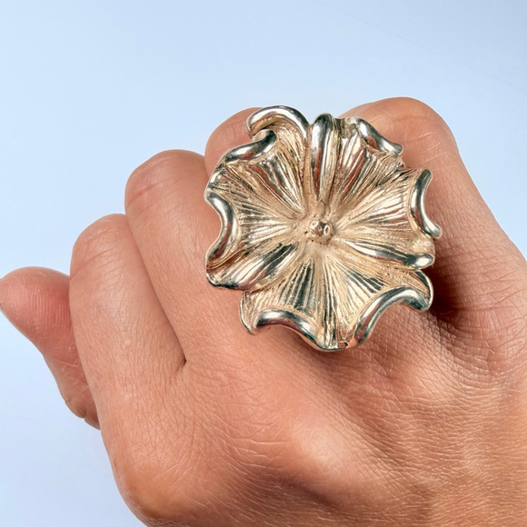 Modernist Sterling Silver 925 Sculptural BIG Blooming Flower 1.4" Vintage Ring - Picture 3 of 11